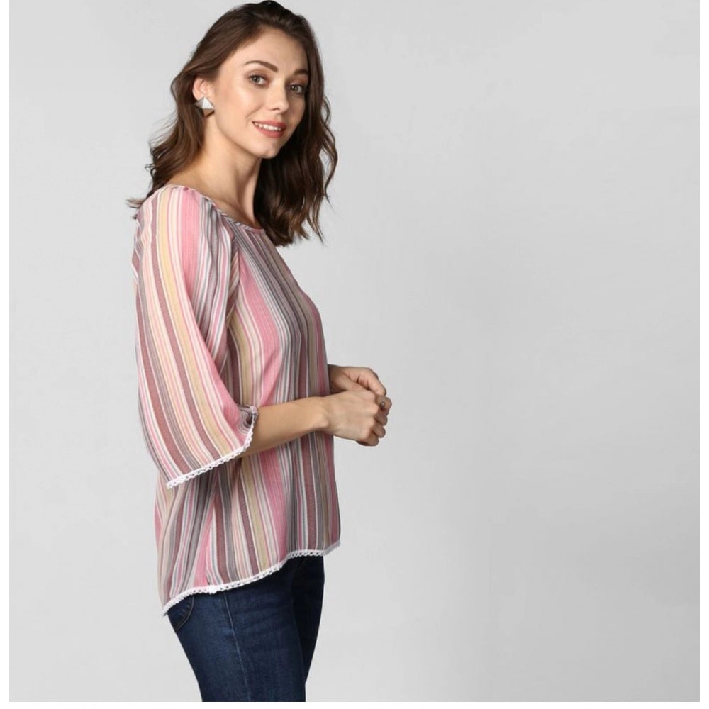 Indoraa Women's Polyester Striped 3-4th Sleeves Top (Pink)