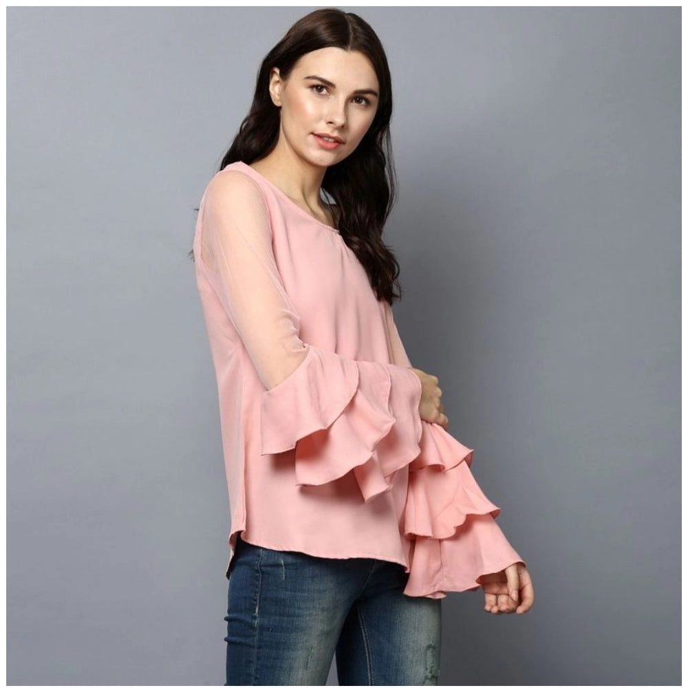 Indoraa Women's Polyester Solid Tier Sleeve Top (Pink)