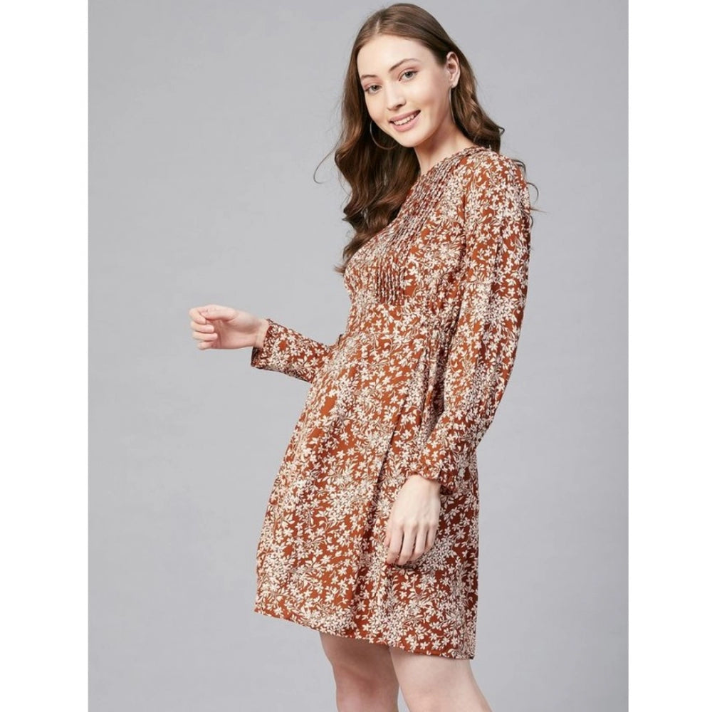 Indoraa Women's Polyester Floral Long Sleeves Above Knee Dress (Rust)