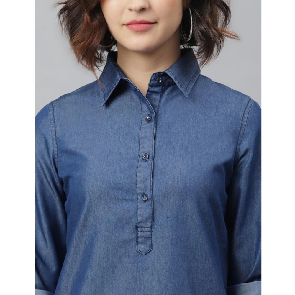 Indoraa Women's Denim Solid Long Sleeves Above Knee Dress (Navy Blue)