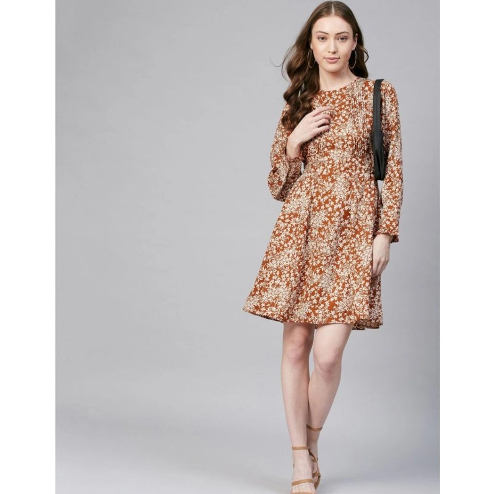 Indoraa Women's Polyester Floral Long Sleeves Above Knee Dress (Rust)