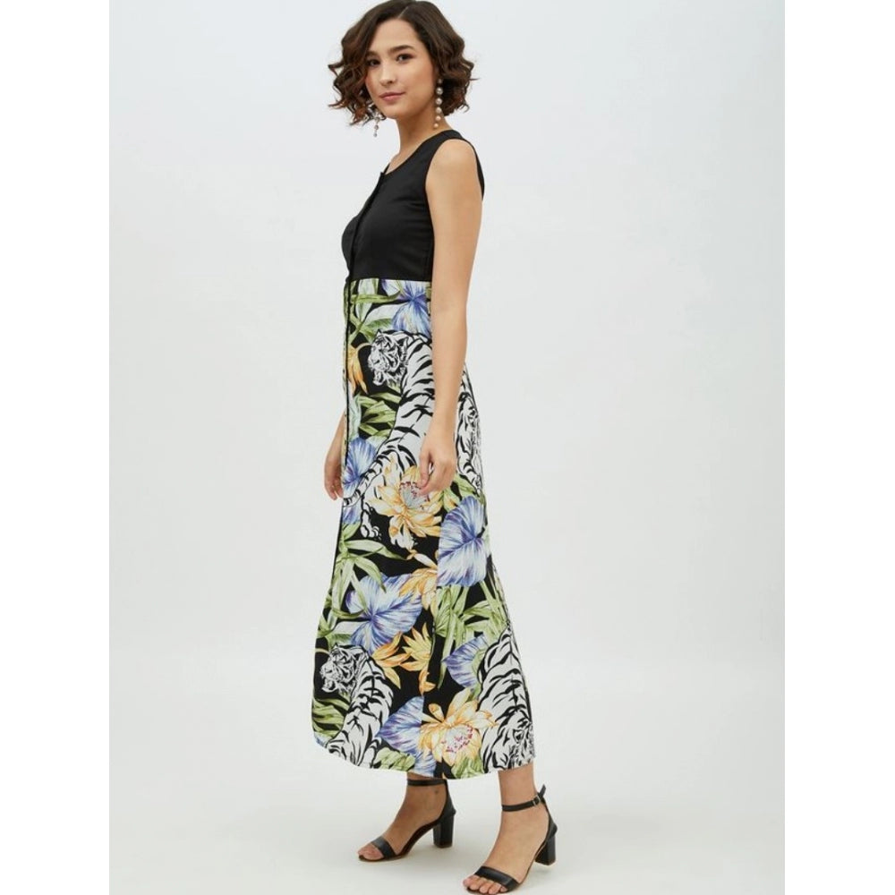 Indoraa Women's Rayon Floral Sleeveless Calf-length Dress (Multicolor)