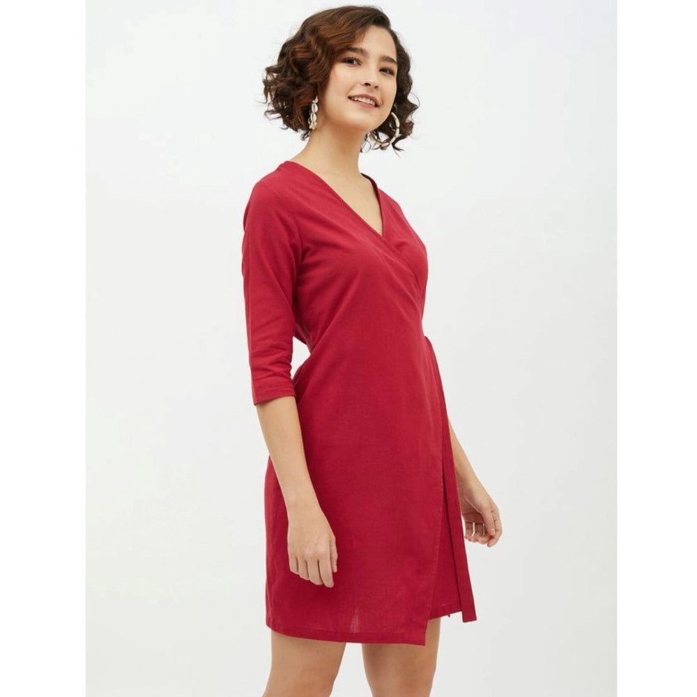 Indoraa Women's Cotton Wrap 3-4th Sleeves Above Knee Dress (Maroon)
