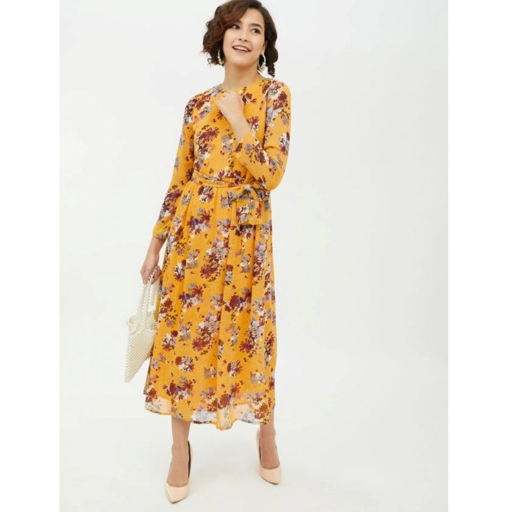 Indoraa Women's Polyester Floral Long Sleeves Calf-length Dress (Multicolor)