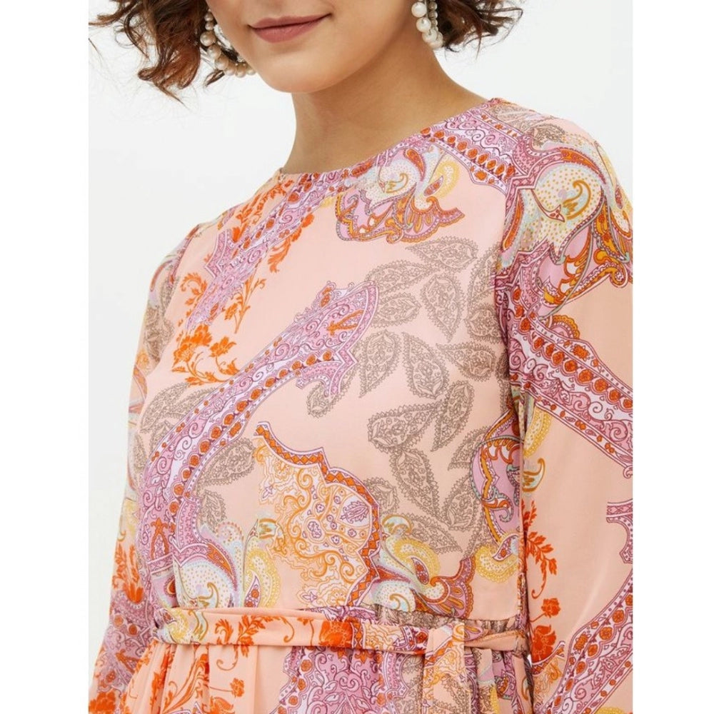 Indoraa Women's Polyester Printed Long Sleeves Calf-length Dress (Multicolor)