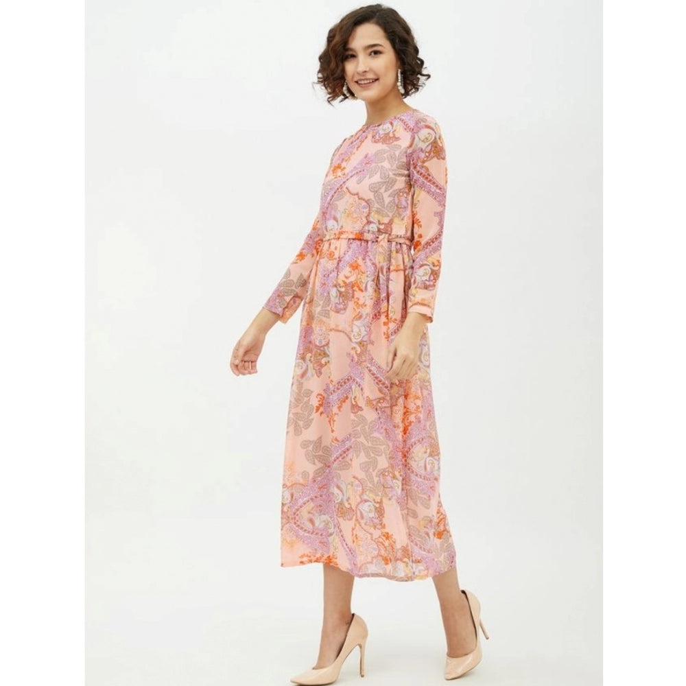 Indoraa Women's Polyester Printed Long Sleeves Calf-length Dress (Multicolor)
