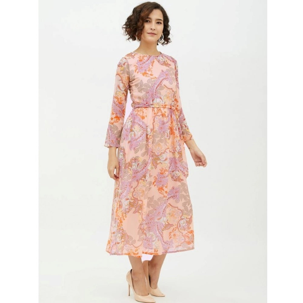 Indoraa Women's Polyester Printed Long Sleeves Calf-length Dress (Multicolor)