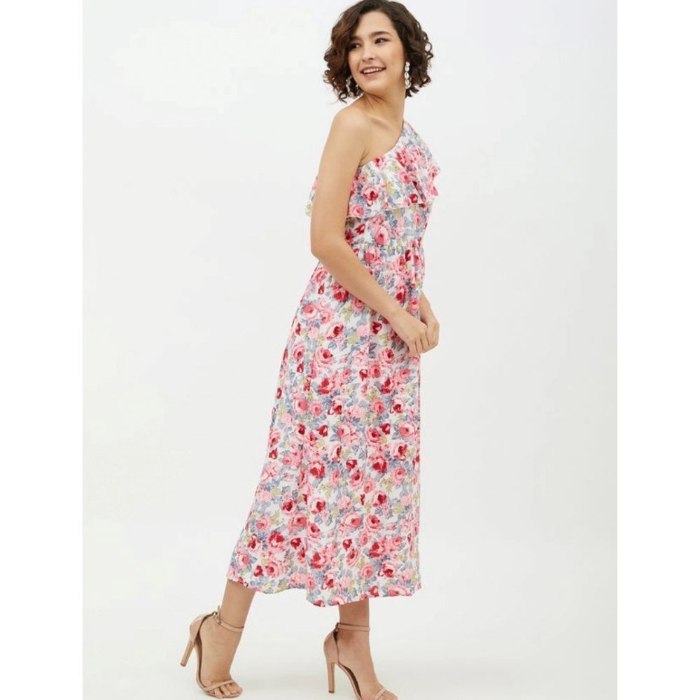 Indoraa Women's Polyester Floral One Shoulder Calf-length Dress (Multicolor)