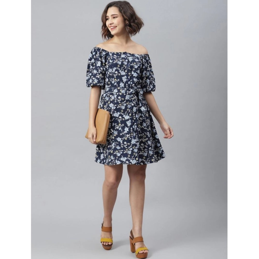 Indoraa Women's Polyester Off Shoulder Half Sleeve Above Knee Dress (Blue)