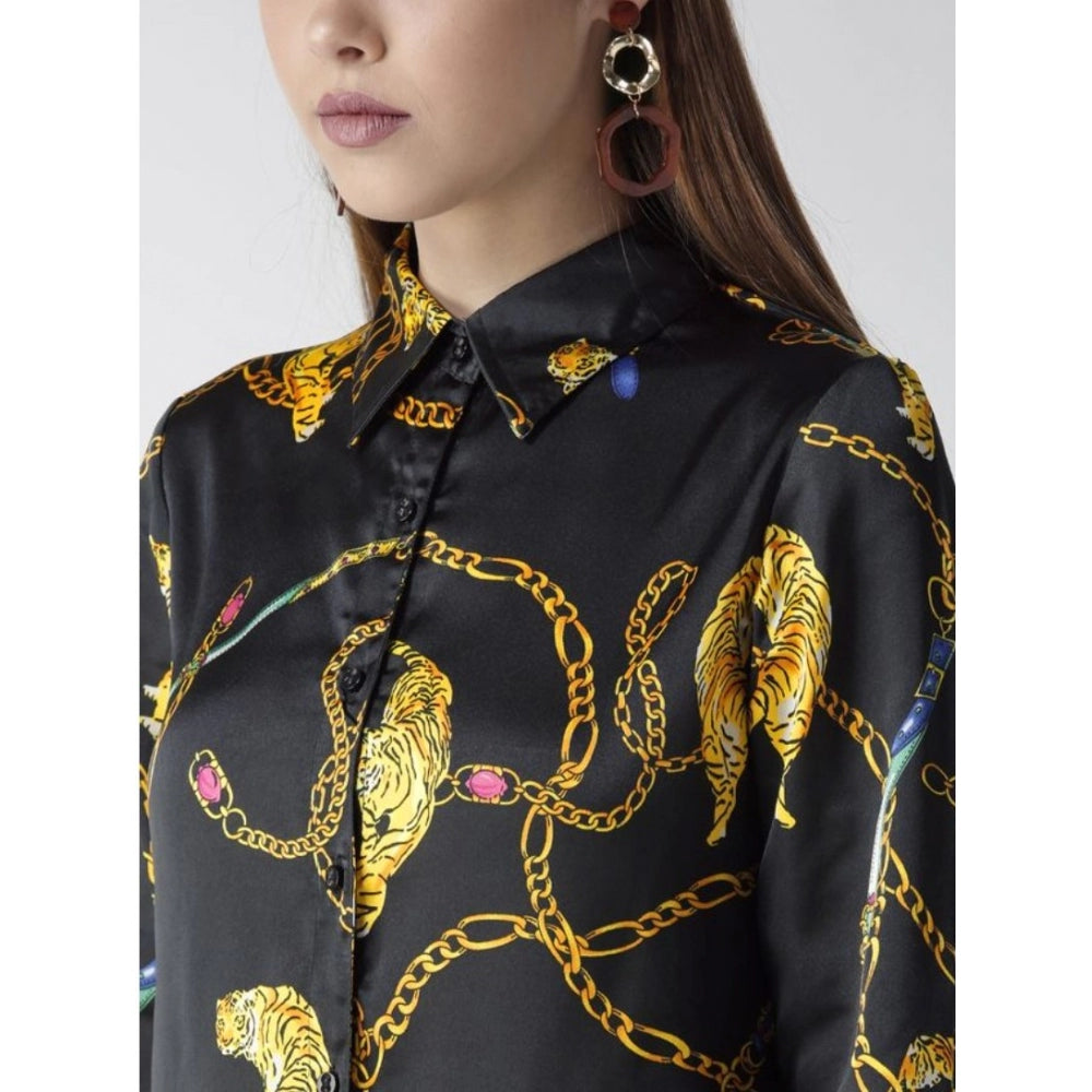 Indoraa Women's Satin Printed Long Sleeves Standard Length Shirt (Black - Gold)