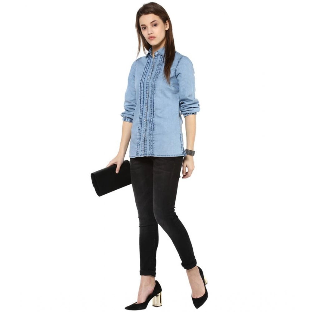 Indoraa Women's Denim Solid 3-4th Sleeves Standard Length Shirt (Blue)