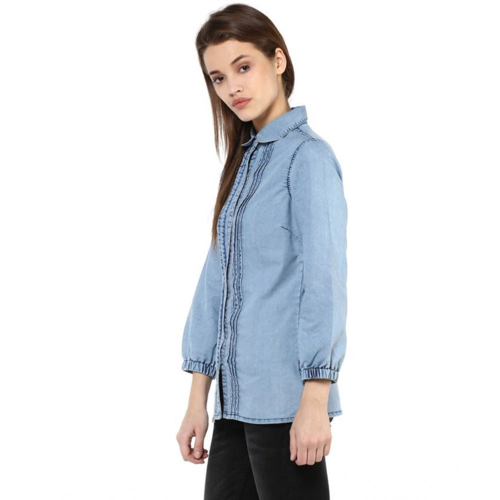Indoraa Women's Denim Solid 3-4th Sleeves Standard Length Shirt (Blue)