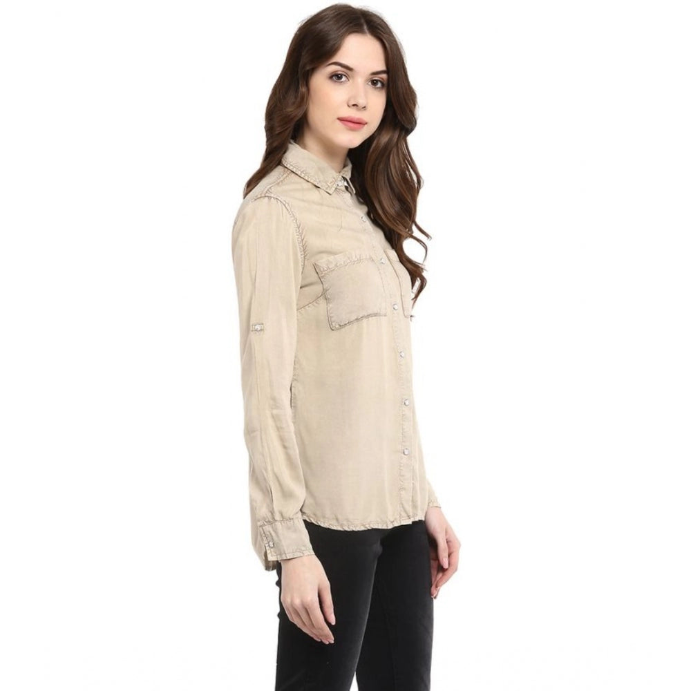 Indoraa Women's Rayon Solid Long Sleeves Standard Length Shirt (Beige)