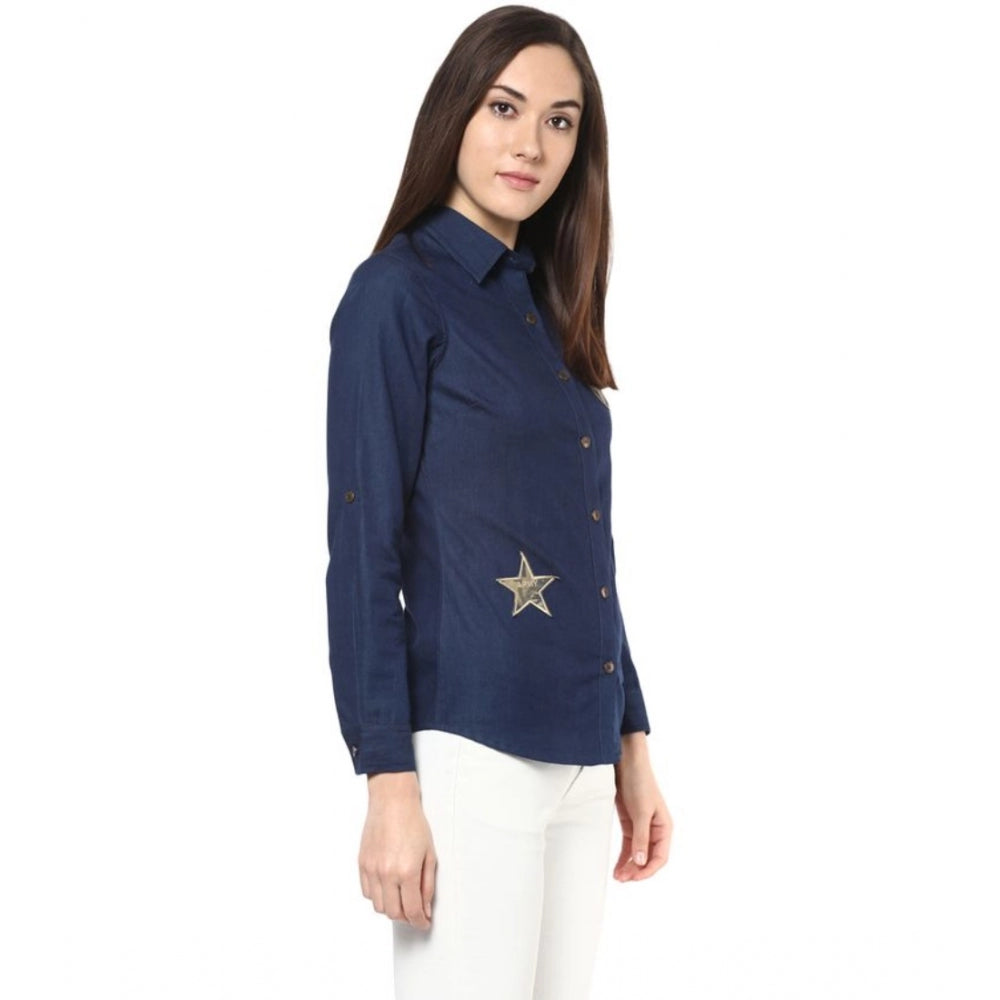 Indoraa Women's Denim Patch Work Long Sleeves Standard Length Shirt (Blue)