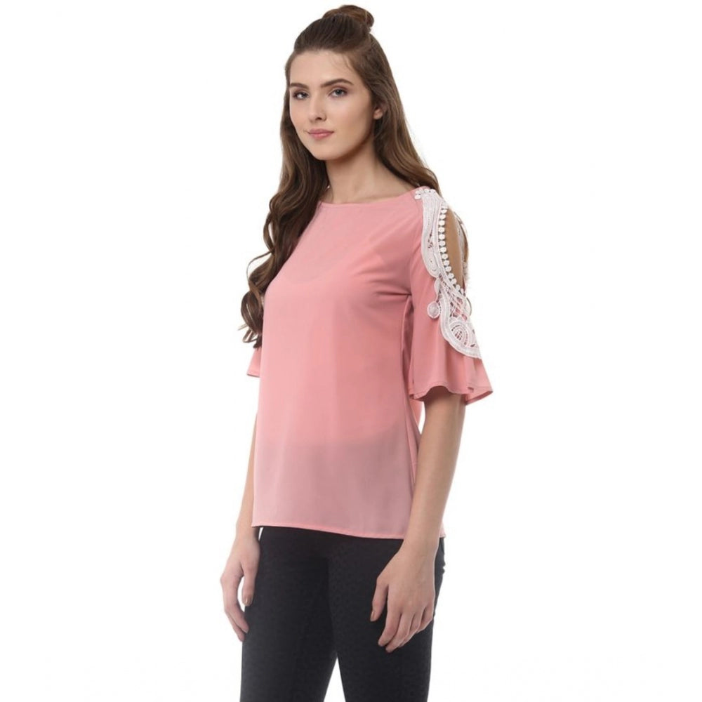 Indoraa Women's Polyester Lace Inserts Half Sleeve Top (Pink)