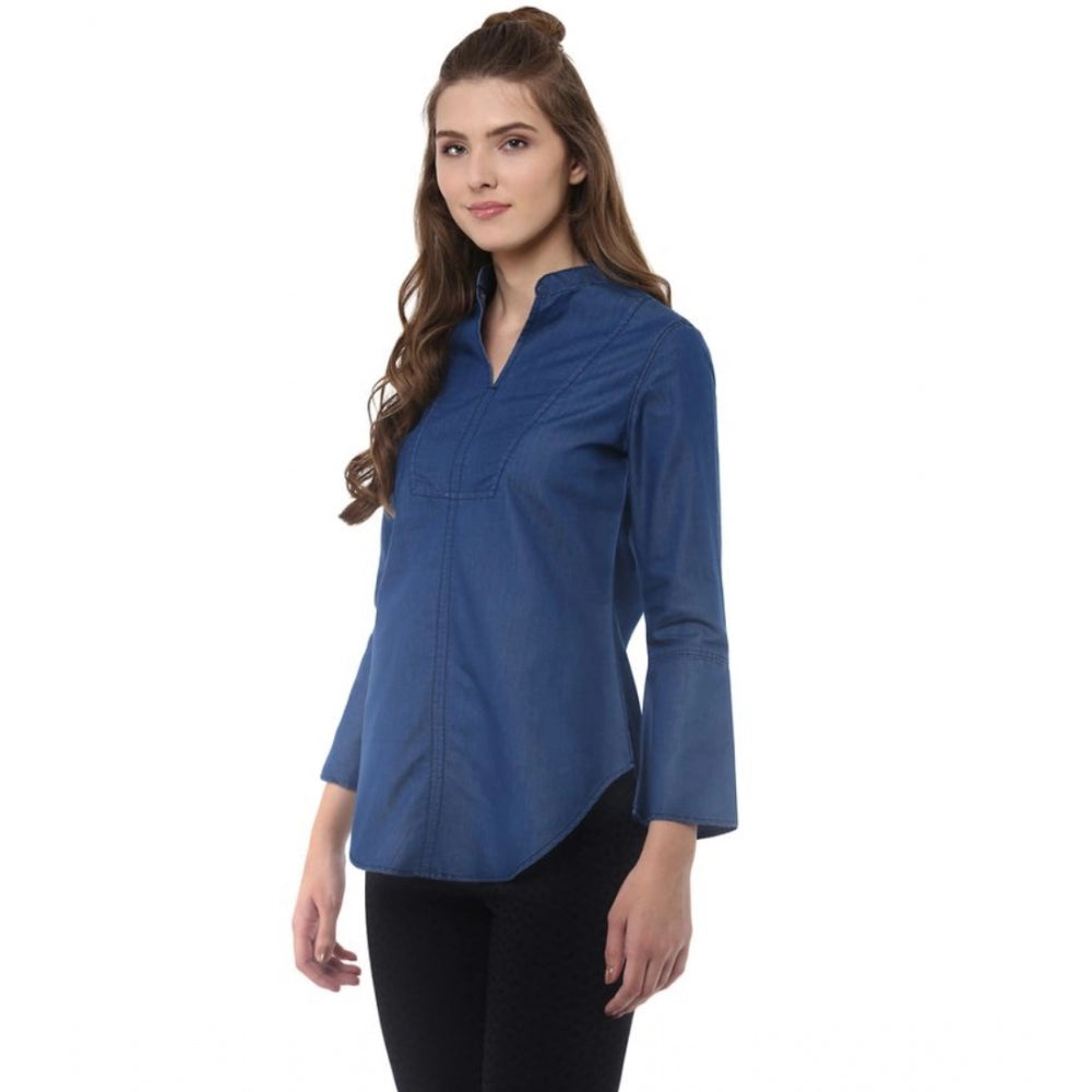 Indoraa Women's Denim Solid Bell Sleeve Regular Top (Blue Denim)