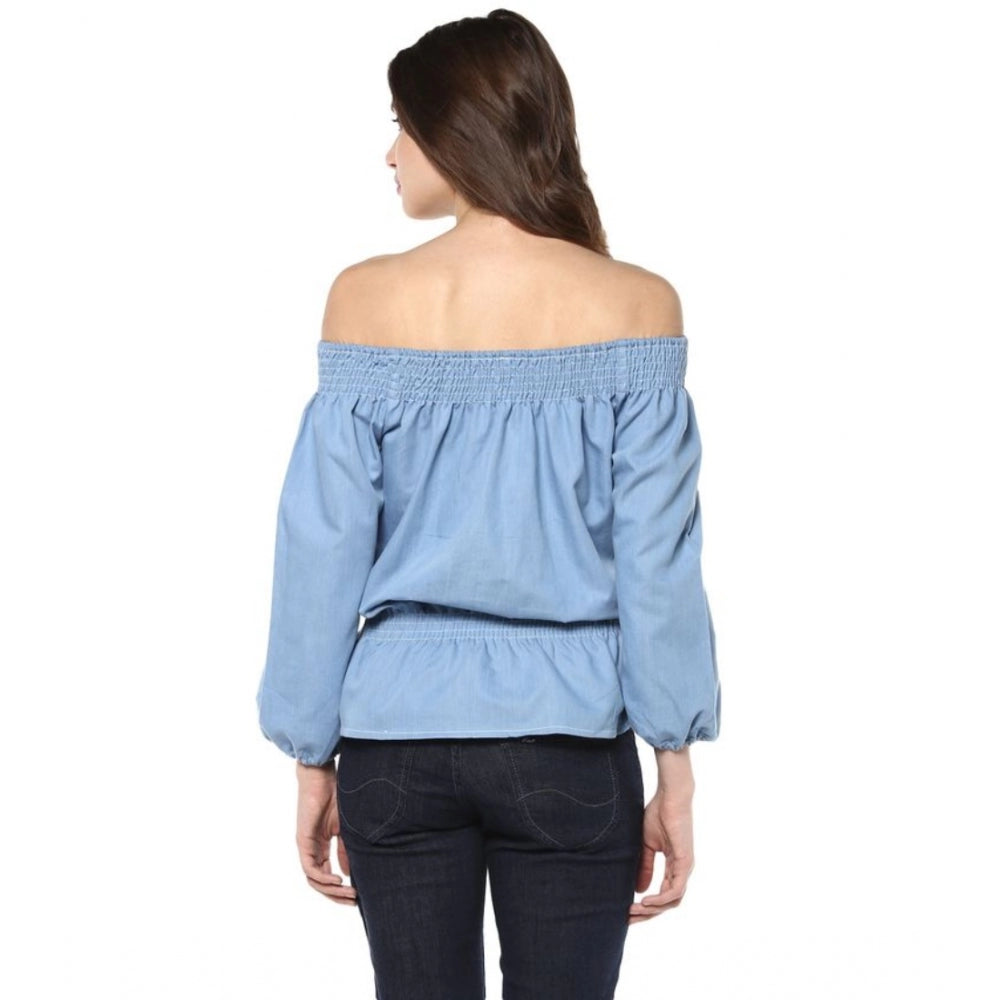 Indoraa Women's Denim Solid 3-4th Sleeves Regular Top (Blue)