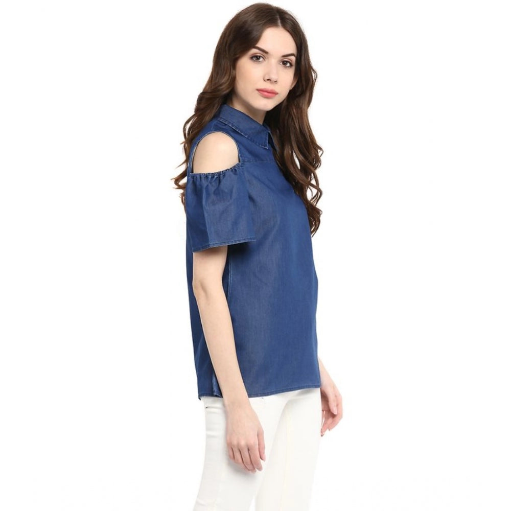 Indoraa Women's Denim Solid Cold Shoulder Regular Top (Blue)