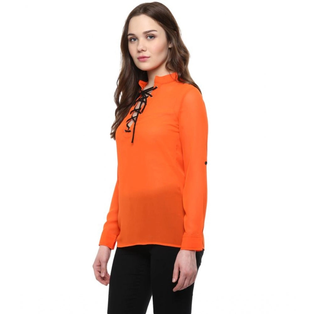 Indoraa Women's Polyester Solid Long Sleeves Regular Top (Orange)