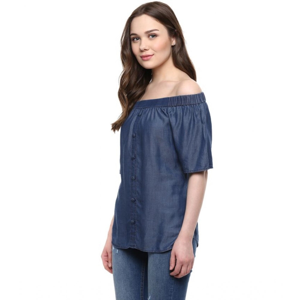 Indoraa Women's Denim Solid Short Sleeve Regular Top (Blue)