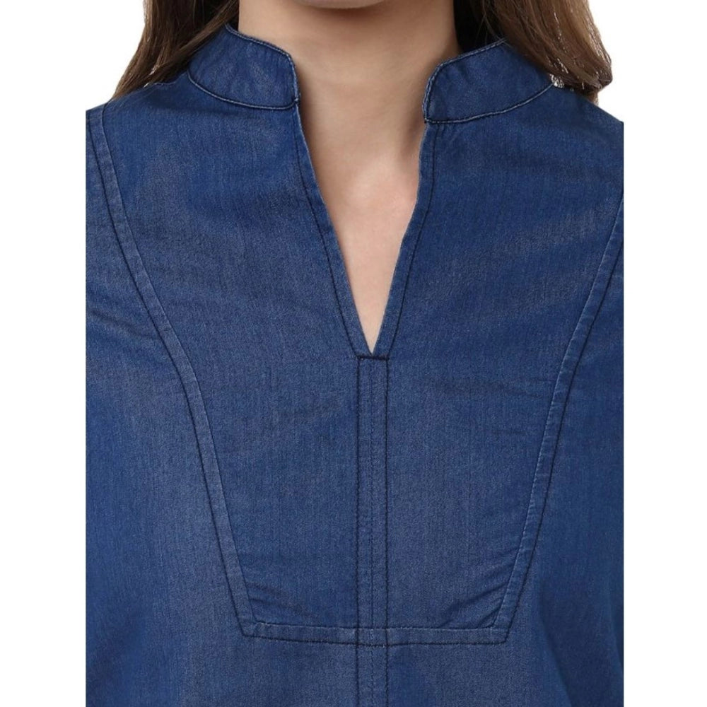 Indoraa Women's Denim Solid Bell Sleeve Regular Top (Blue Denim)