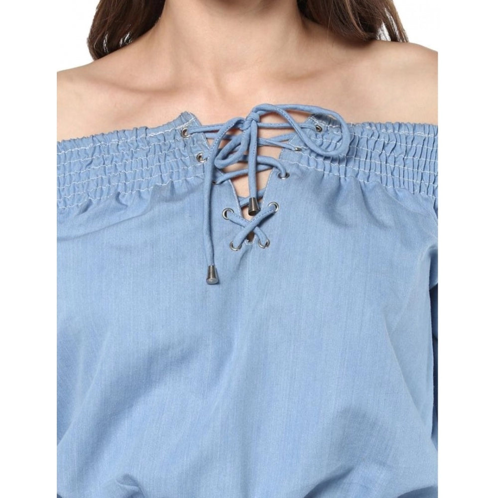 Indoraa Women's Denim Solid 3-4th Sleeves Regular Top (Blue)