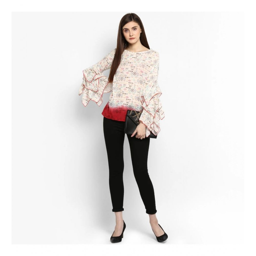 Indoraa Women's Rayon Crepe Printed Ruffle Sleeve Top (Off White - Red)