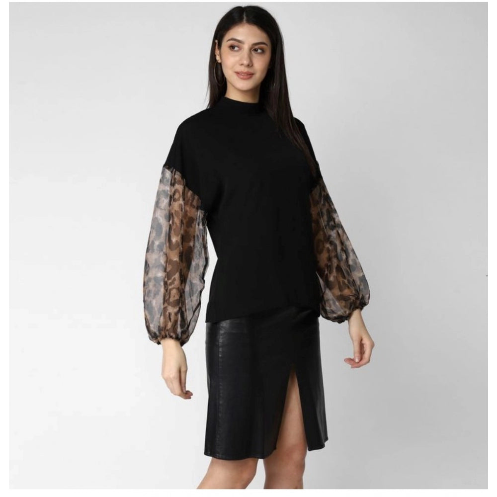Indoraa Women's Polyester Animal Print Long Sleeves Top (Black)