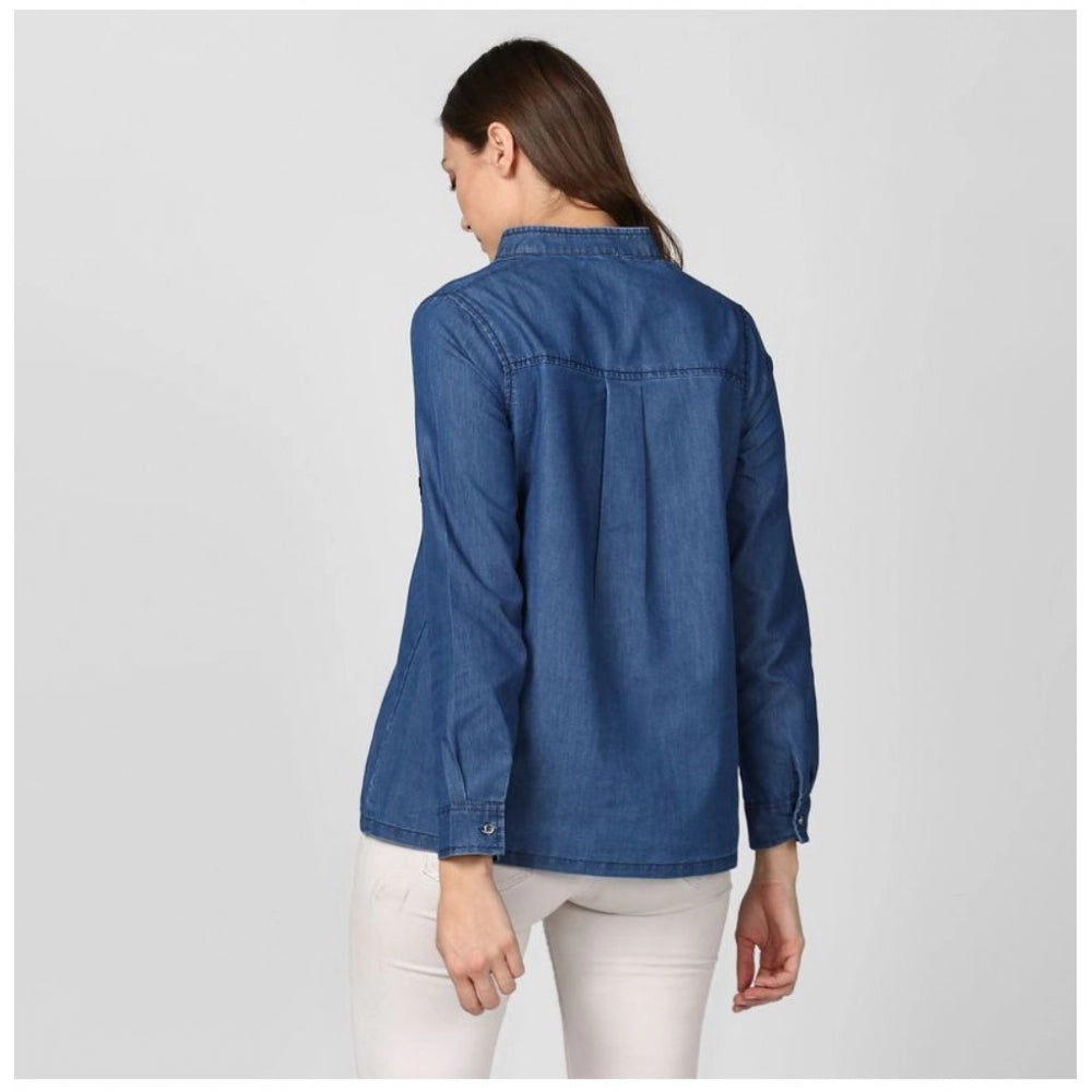 Indoraa Women's Denim Solid Long Sleeves Top (Blue)