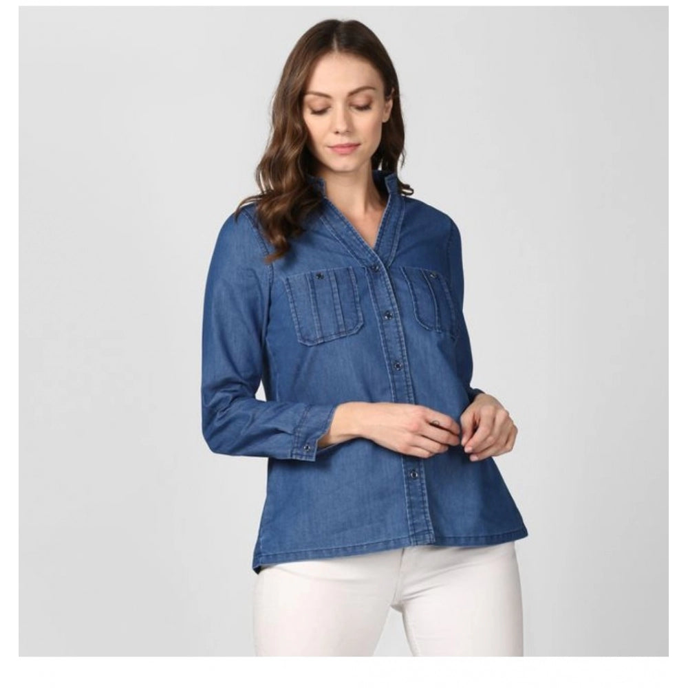 Indoraa Women's Denim Solid Long Sleeves Top (Blue)