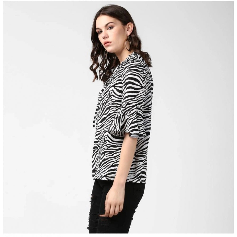 Indoraa Women's Polyester Animal Print Bell Sleeve Top (Black - White)