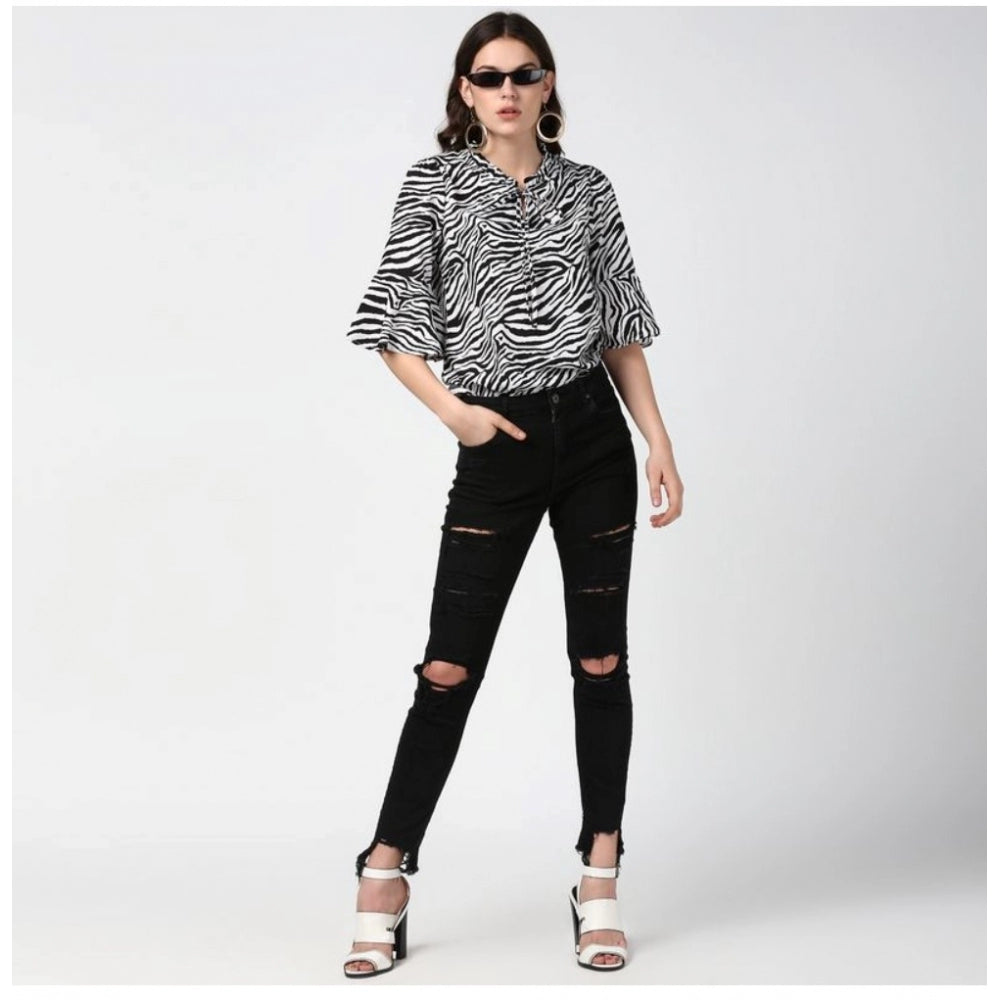 Indoraa Women's Polyester Animal Print Bell Sleeve Top (Black - White)