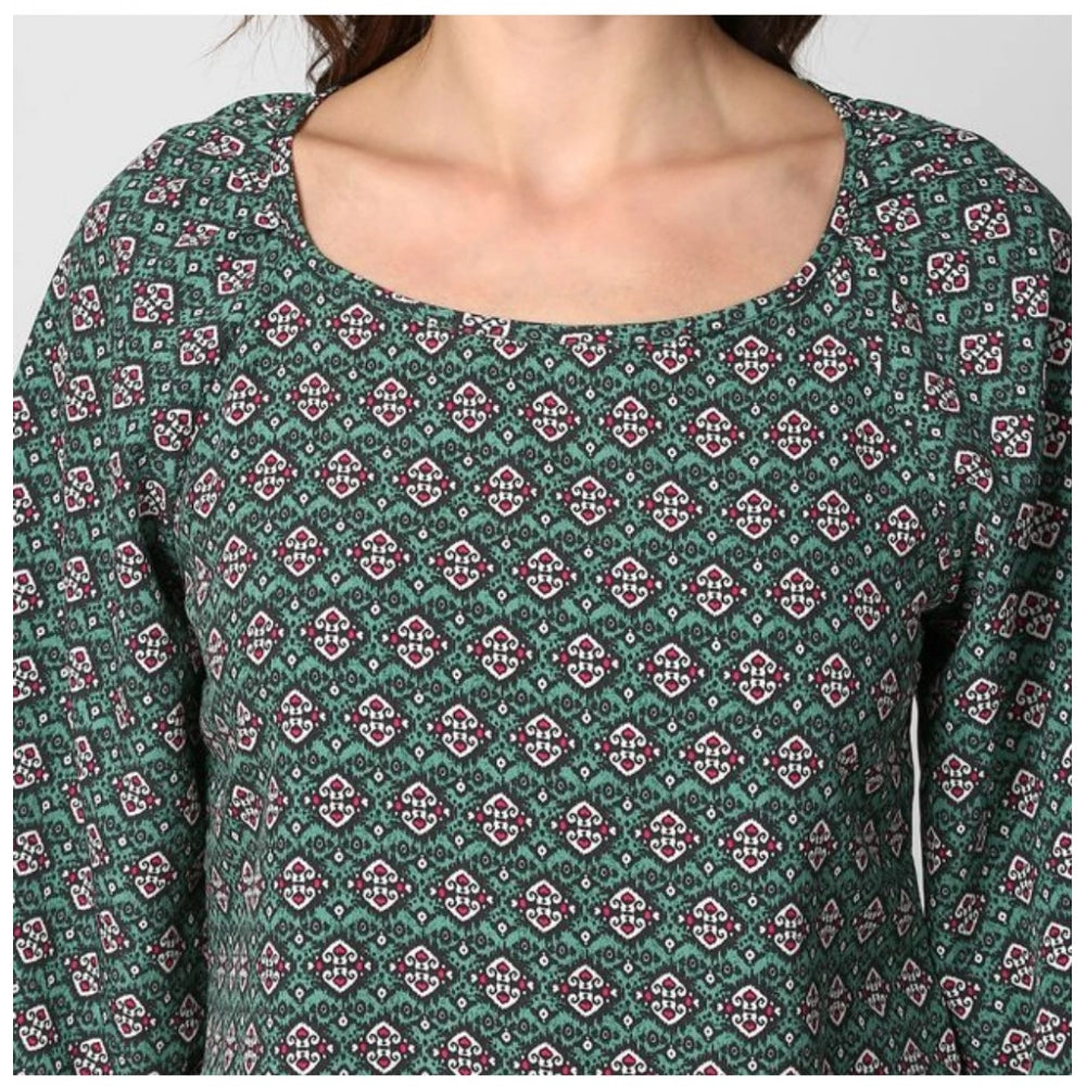 Indoraa Women's Polyester Printed 3-4th Sleeves Top (Green)