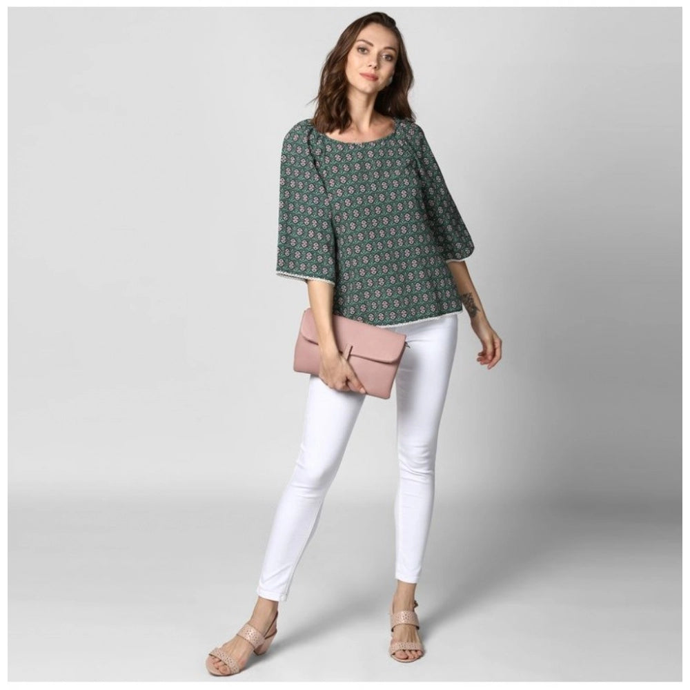 Indoraa Women's Polyester Printed 3-4th Sleeves Top (Green)