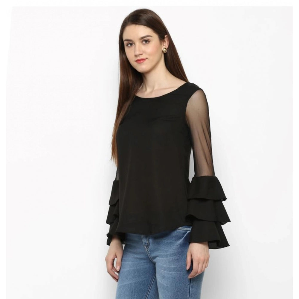 Indoraa Women's Polyester Solid Tier Sleeve Top (Black)