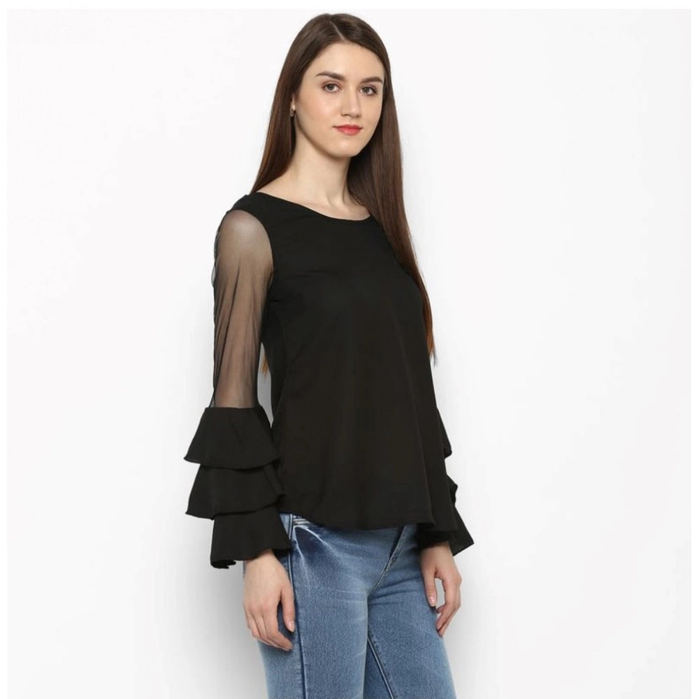 Indoraa Women's Polyester Solid Tier Sleeve Top (Black)