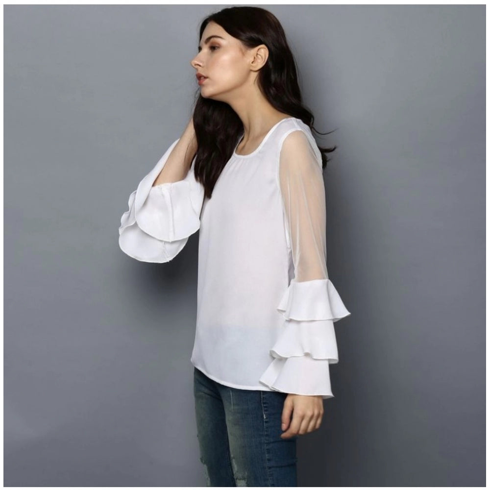 Indoraa Women's Polyester Solid Tier Sleeve Top (White)