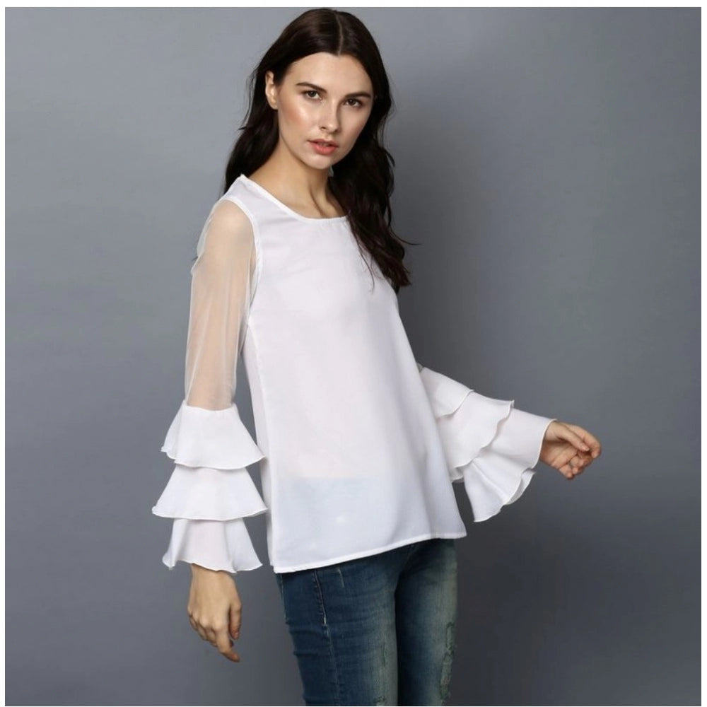 Indoraa Women's Polyester Solid Tier Sleeve Top (White)