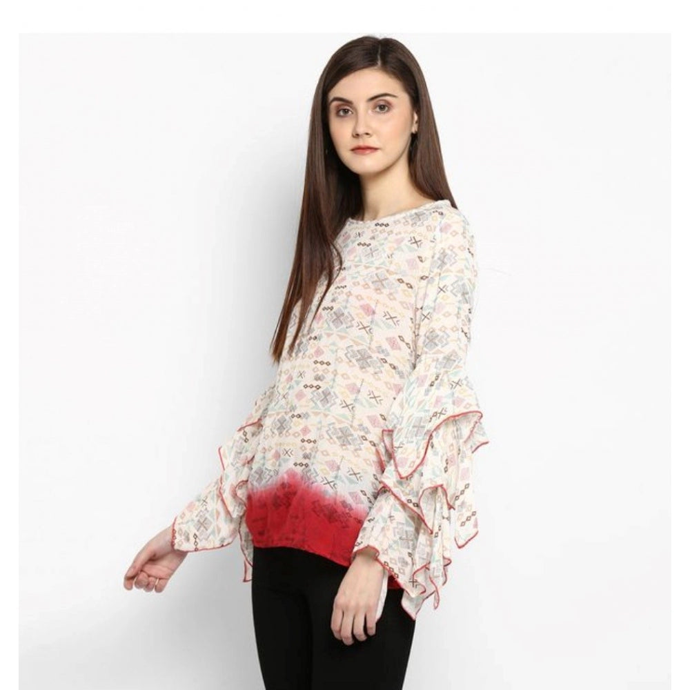 Indoraa Women's Rayon Crepe Printed Ruffle Sleeve Top (Off White - Red)