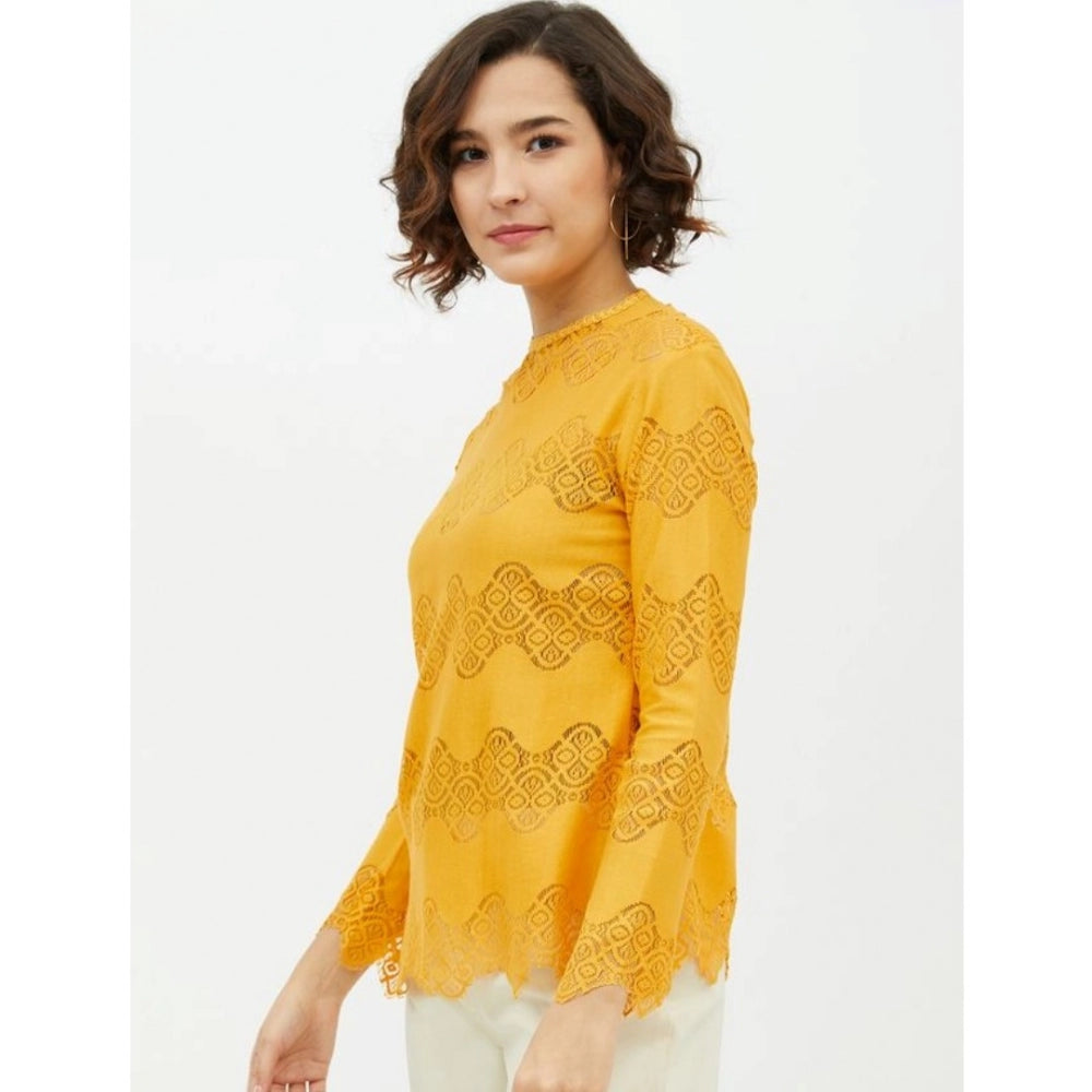 Indoraa Women's Cotton Lace Inserts Long Sleeves Top (Yellow)