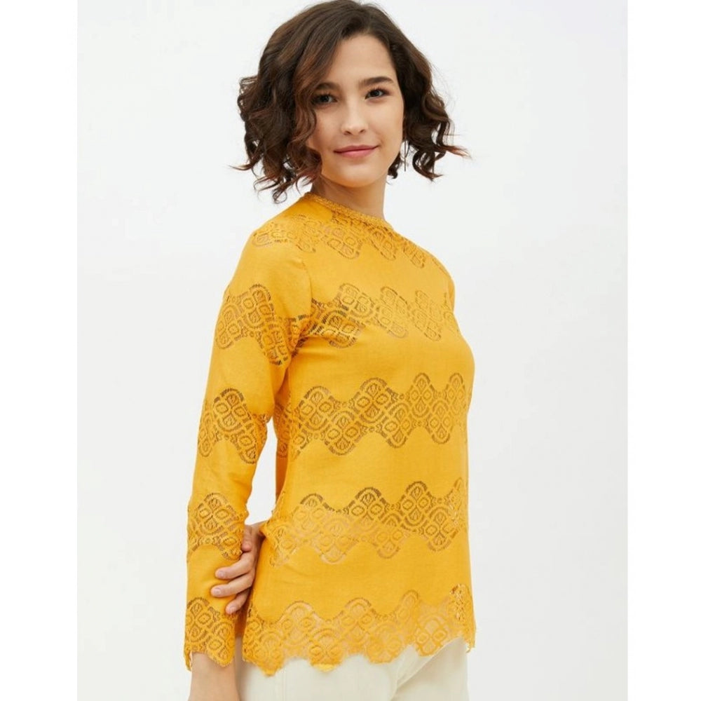 Indoraa Women's Cotton Lace Inserts Long Sleeves Top (Yellow)