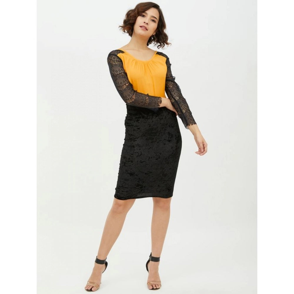 Indoraa Women's Rayon Lace Inserts Long Sleeves Top (Yellow)