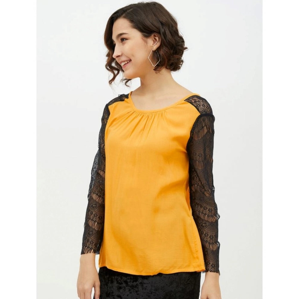 Indoraa Women's Rayon Lace Inserts Long Sleeves Top (Yellow)
