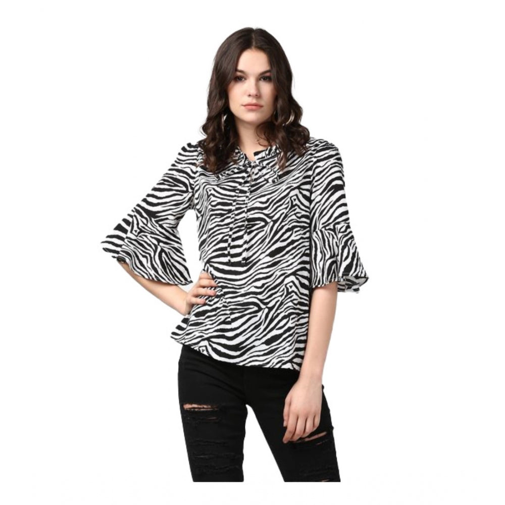 Indoraa Women's Polyester Animal Print Bell Sleeve Top (Black - White)
