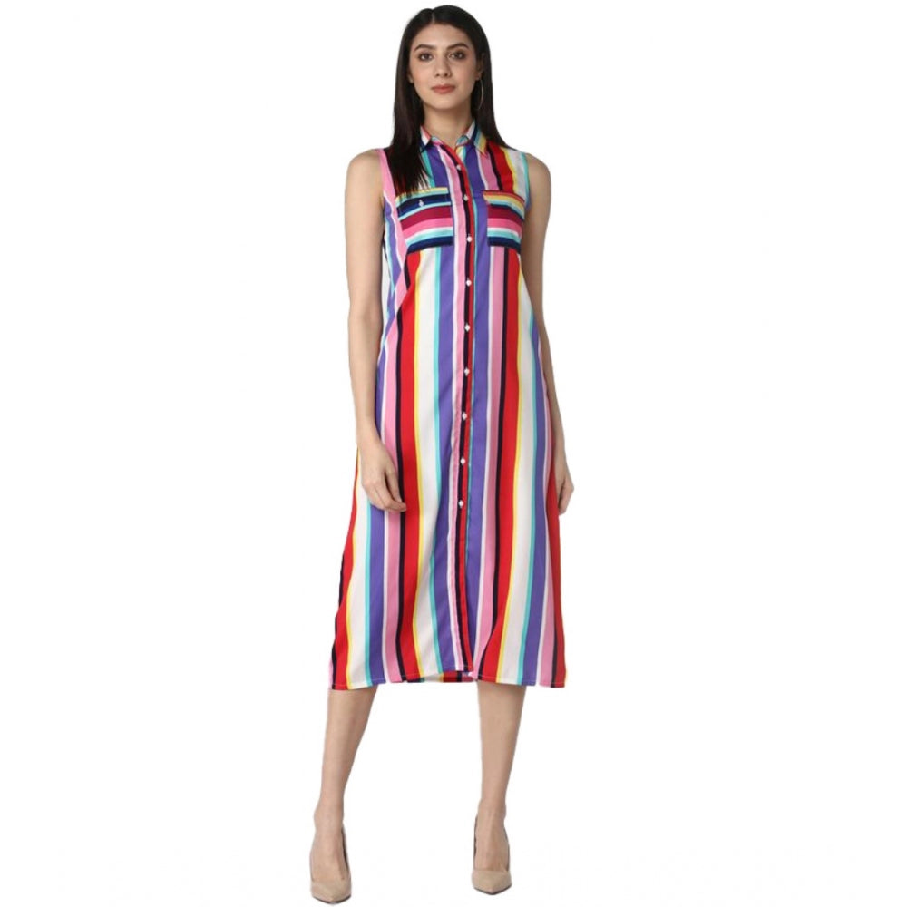 Indoraa Women's Polyester Striped Sleeveless Calf-length Dress (Multicolor)