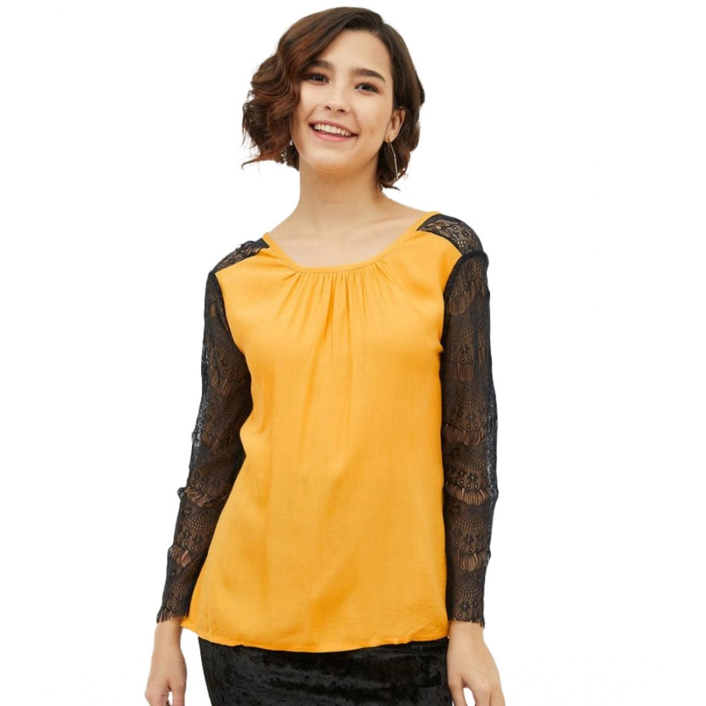Indoraa Women's Rayon Lace Inserts Long Sleeves Top (Yellow)