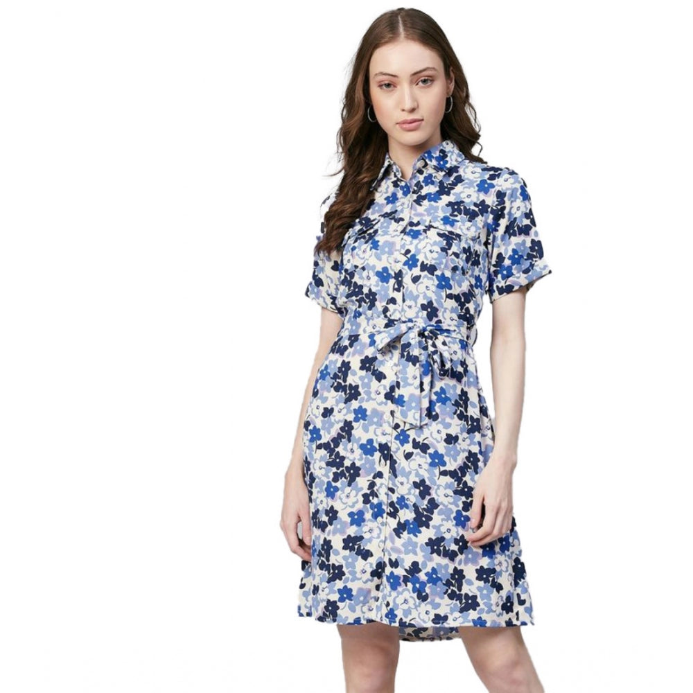 Indoraa Women's Polyester Floral Short Sleeve Above Knee Dress (Blue - White)