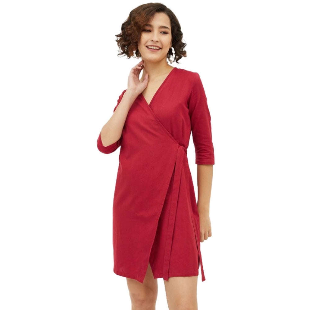 Indoraa Women's Cotton Wrap 3-4th Sleeves Above Knee Dress (Maroon)