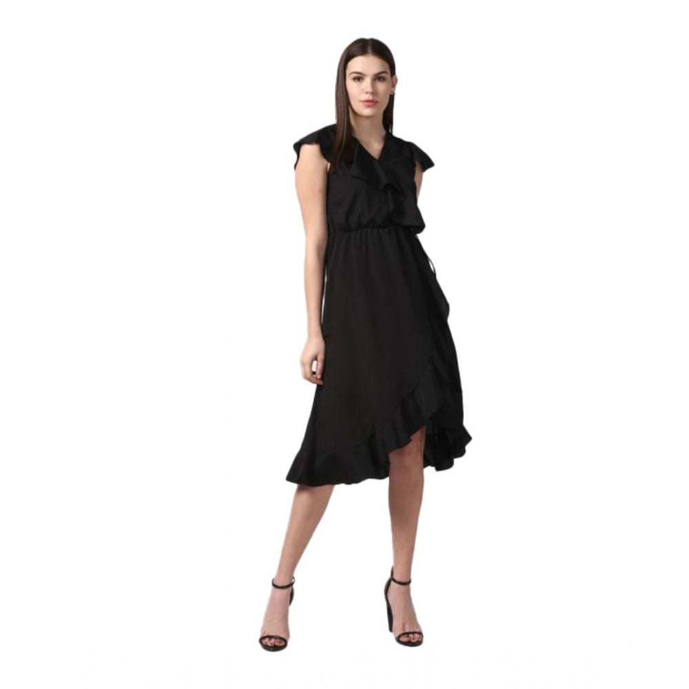 Indoraa Women's Polyester Ruffled Cap Sleeve Knee-Length Dress (Black)