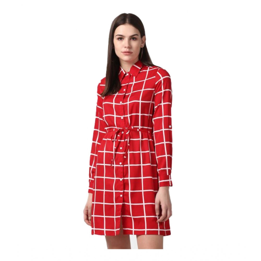 Indoraa Women's Polyester Checkered Long Sleeves Above Knee Dress (Red)